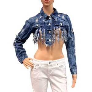 Thrill Jeans Denim Jacket Size Medium Distressed Destroyed Slashed Crop Grunge